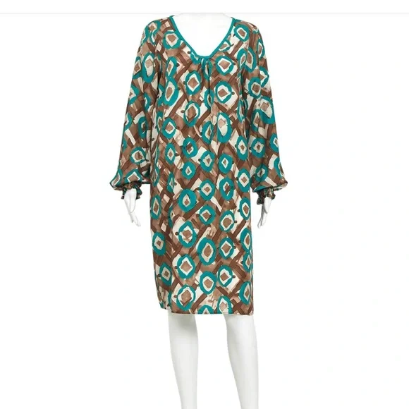 Oscar de la Renta | Dresses | Oscar Oscar De La Renta Teal Green Brown And  Cream V Neck Long Sleeve Midi Dress | Poshmark